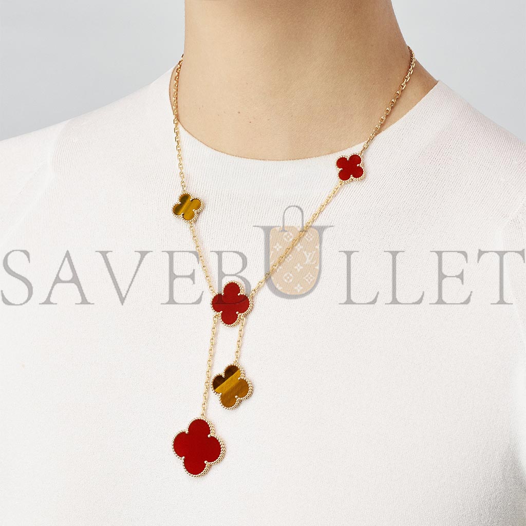 VAN CLEEF ARPELS MAGIC ALHAMBRA NECKLACE, 6 MOTIFS - YELLOW GOLD, CARNELIAN, TIGER EYE  VCARN5JP00